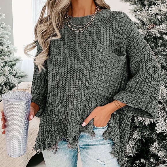 B008 Gray Ripped Raw Hem Chunky Pullover Sweater - Picture 1 of 4